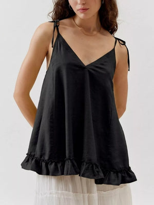 Black camisole with tie straps and ruffled hem