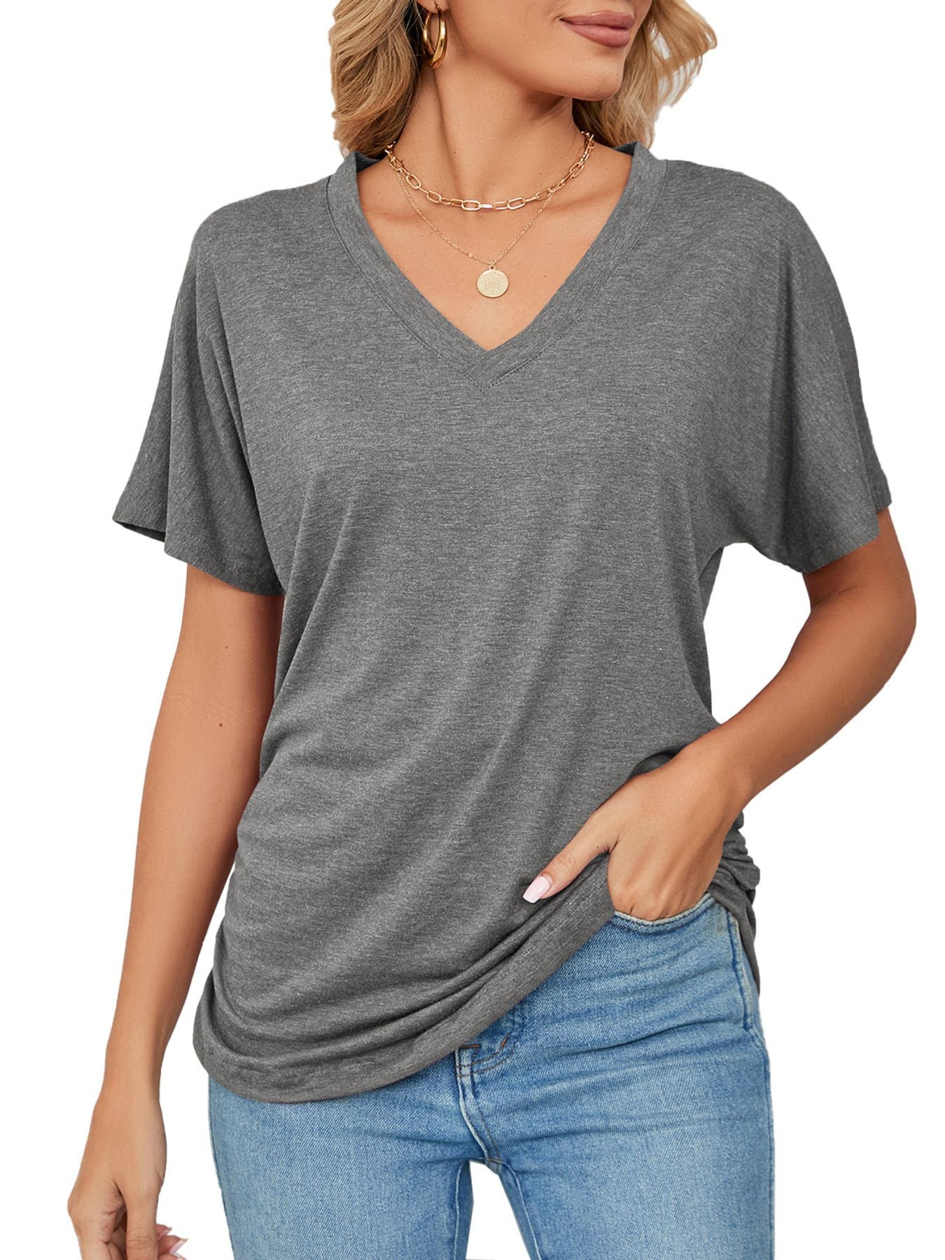 Relaxed grey V-neck short sleeve t-shirt with draping detail.