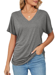 Relaxed grey V-neck short sleeve t-shirt with draping detail.