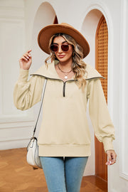 Cream wide collar zip-through sweatshirt with balloon sleeves
