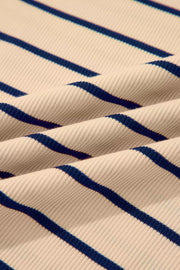 Striped mock neck t-shirt in beige and navy blue ribbed cotton fabric.