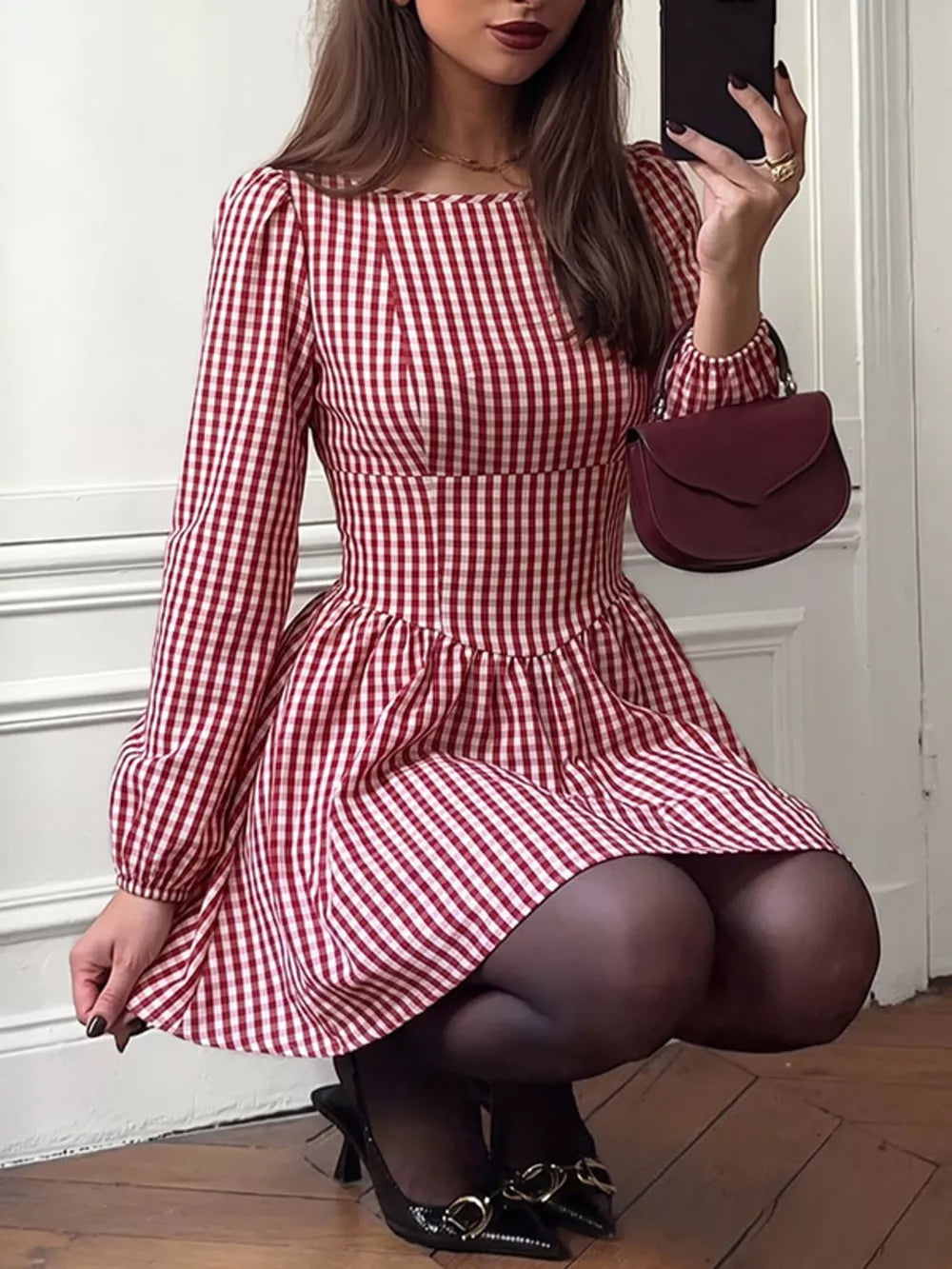 Backless Plaid Long Sleeve Mini Dress, close-up detail