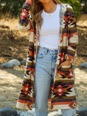 Southwestern print hooded maxi cardigan with pockets in multicolor.