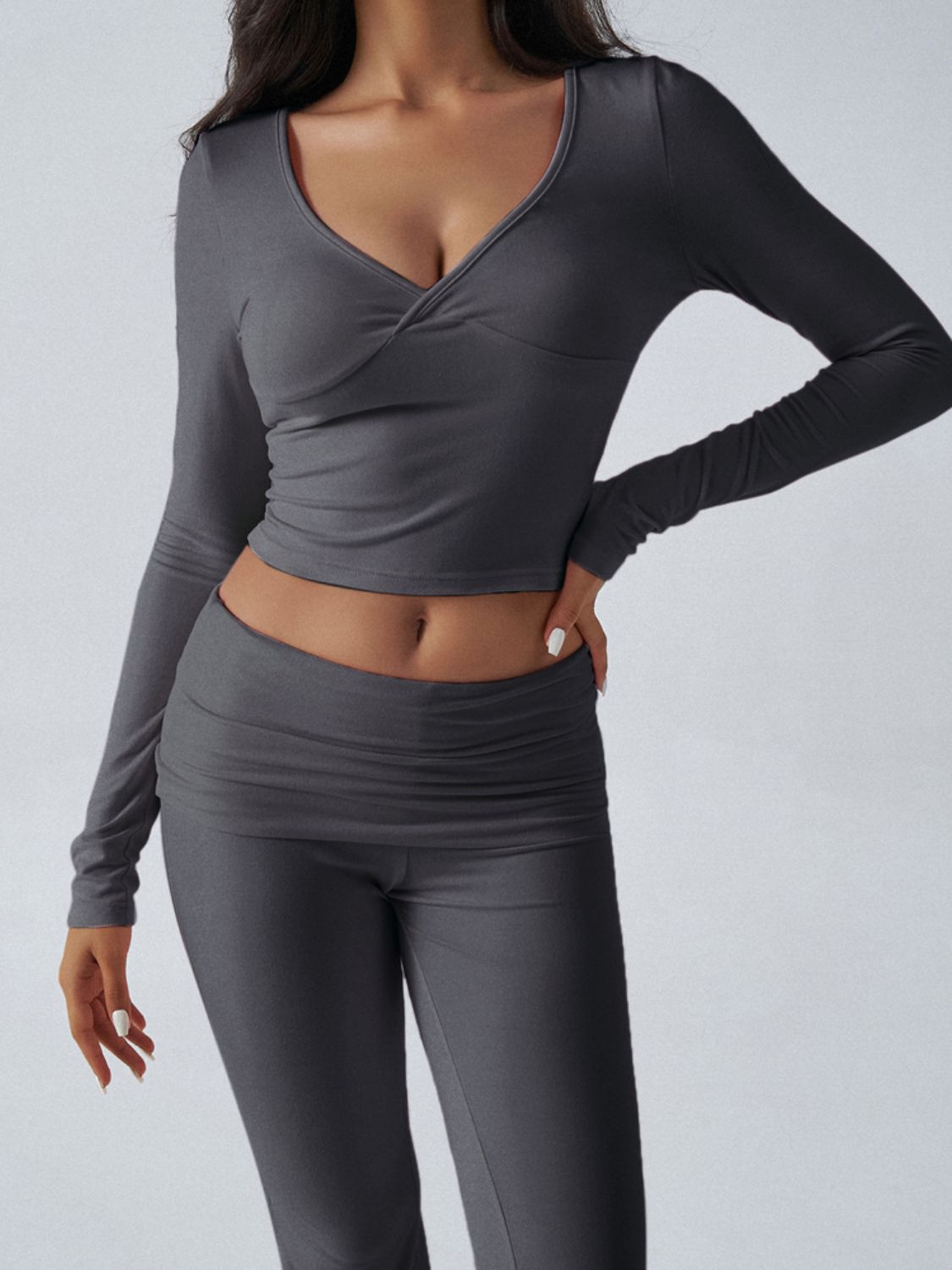 Dark Gray cross-front long sleeve crop top and flared lounge pants set