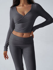 Dark Gray cross-front long sleeve crop top and flared lounge pants set