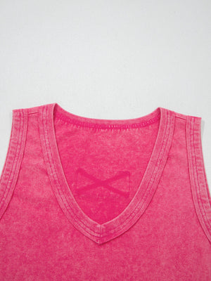 Textured cotton v-neck tank top in pink with a subtle X detail on the chest.