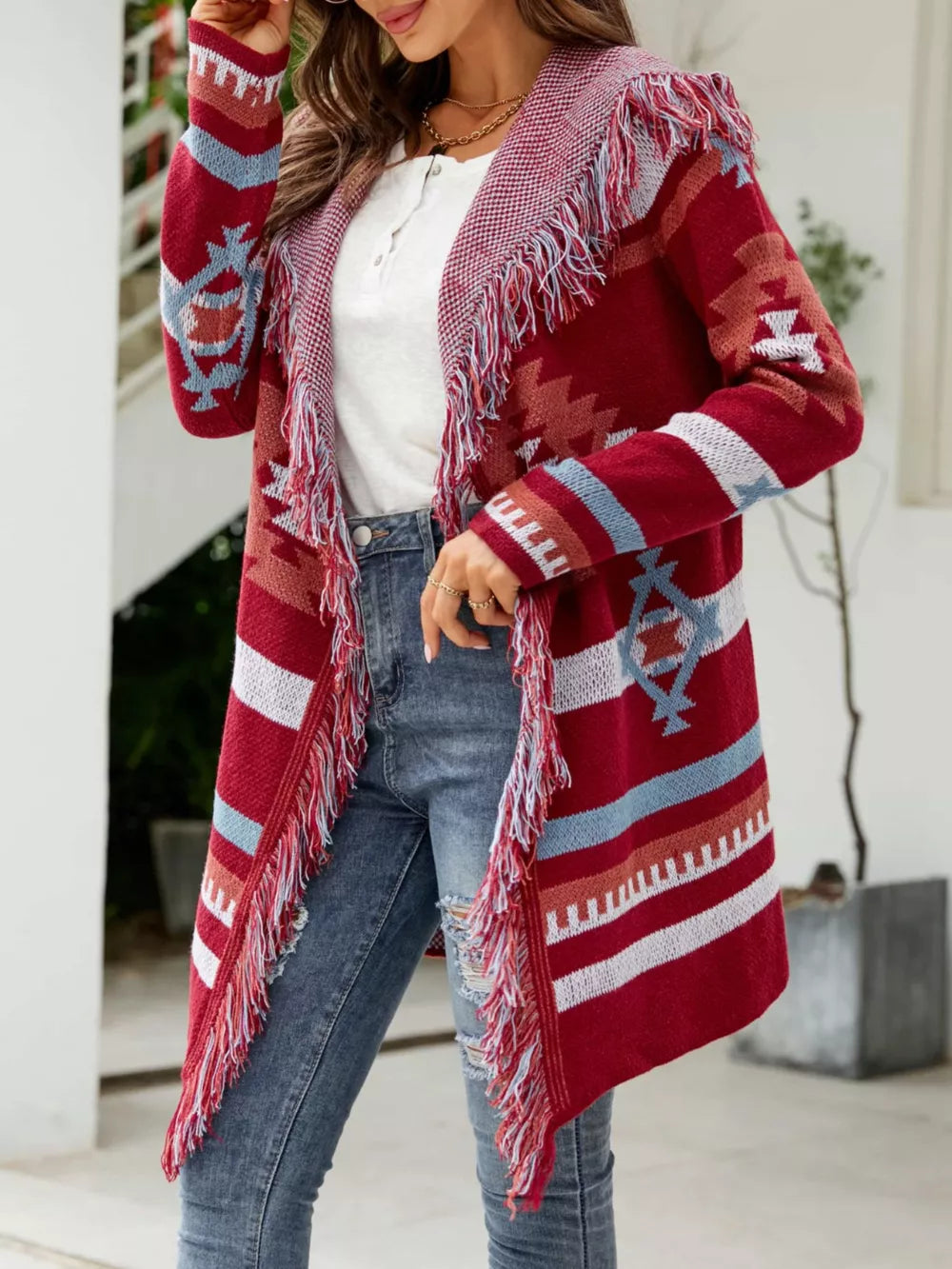Fringe Geometric Hooded Cardigan in Deep Red, side view