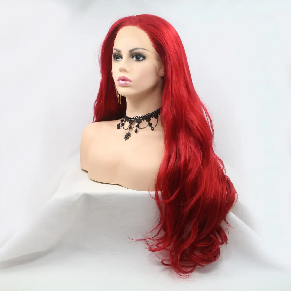 Crimson lace front wig with long, wavy red hair styled on a mannequin bust.