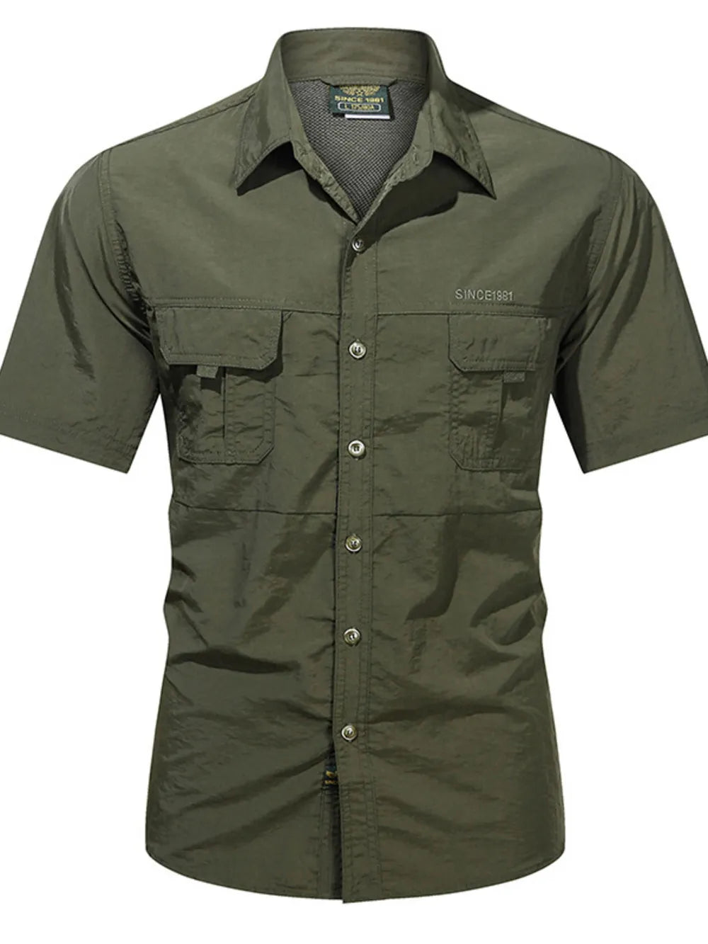 Men's short sleeve button-up shirt in Army Green with two chest pockets and embroidered detail.