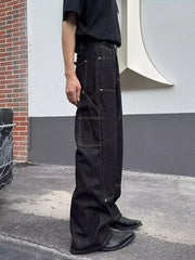 Men's dark wash 100% cotton wide leg jeans with contrast stitching and utility pockets.