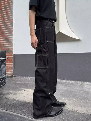 Men's dark wash 100% cotton wide leg jeans with contrast stitching and utility pockets.
