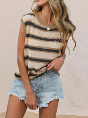 Ribbed striped knit top with round neck and short sleeves in tan and black stripes.