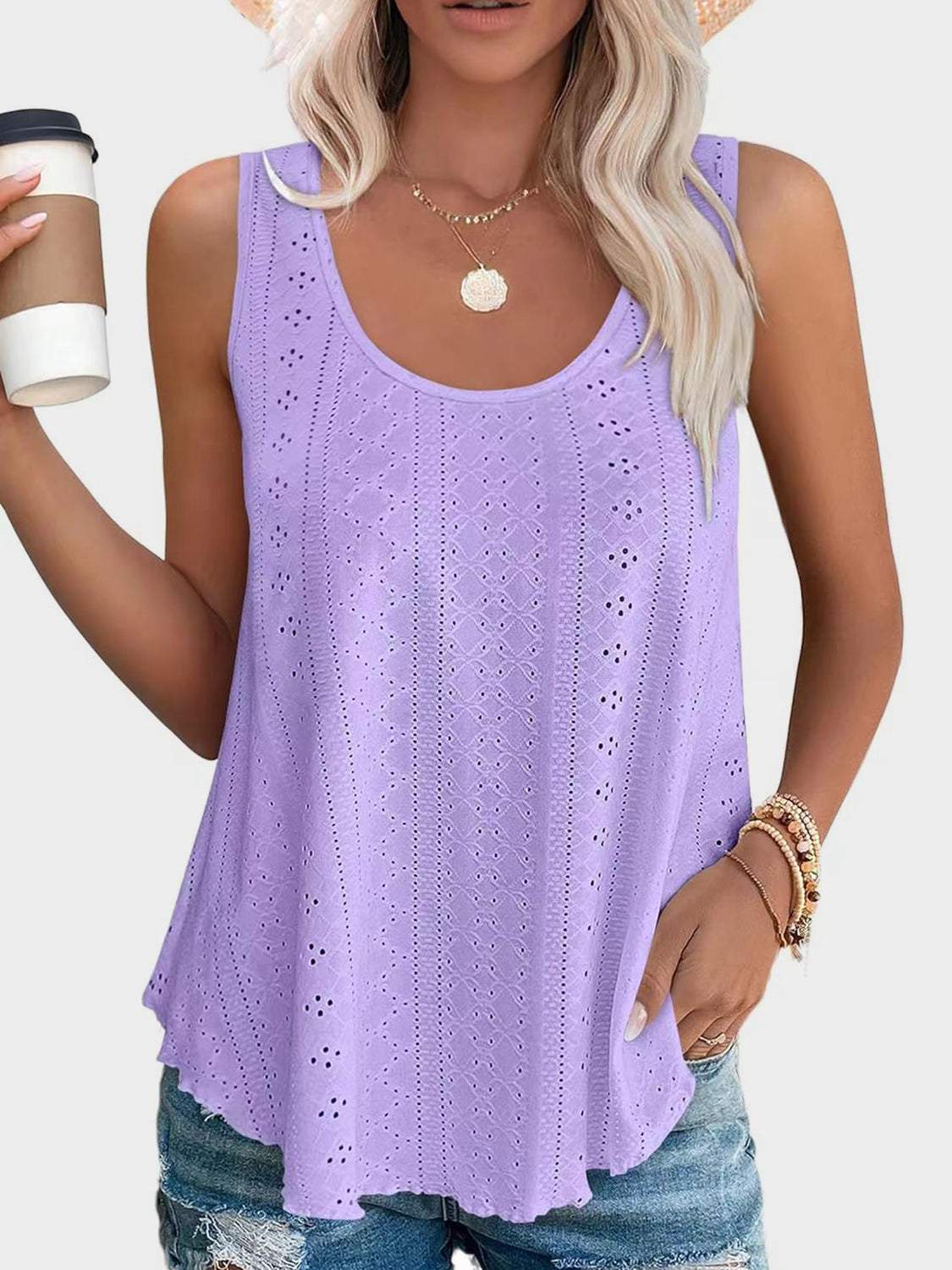 Eyelet scoop-neck trapeze tank top in lavender with a breathable, casual cut.