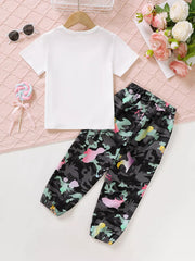 Girls' white graphic tee and colorful camo cargo pants set