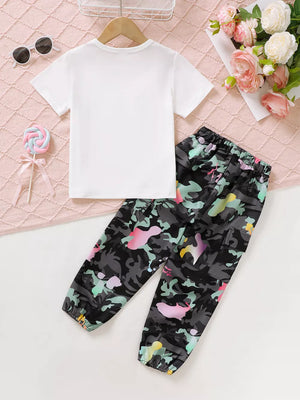 Girls' white graphic tee and colorful camo cargo pants set