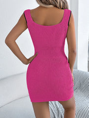 Hot Pink knit mini dress with square neckline and contrast trim.