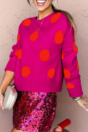 fuchsia pullover sweater with polka dot and crew neck