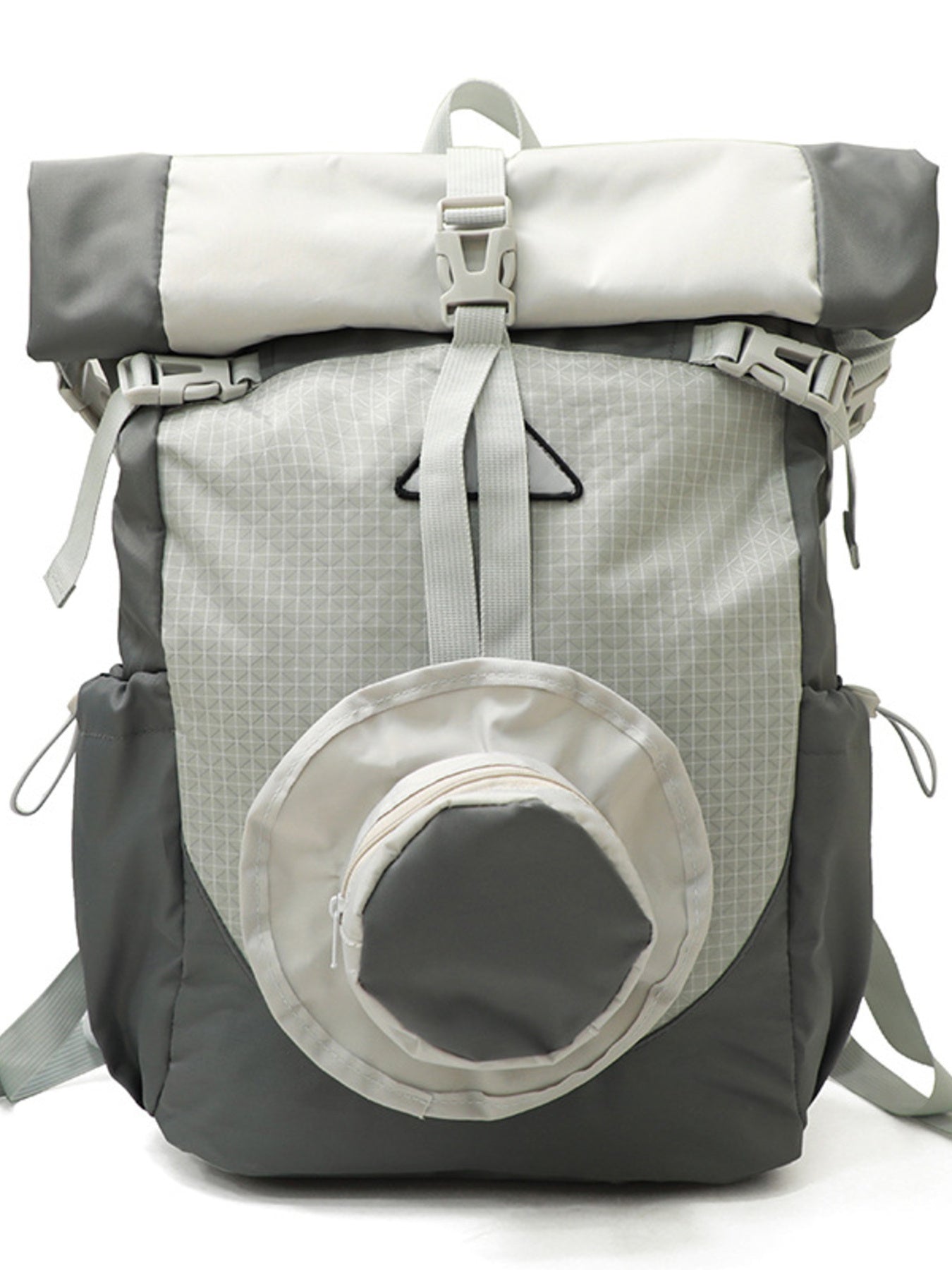 Sleek roll-top nylon backpack in light gray and dark gray with textured front panel and circular zip pocket.