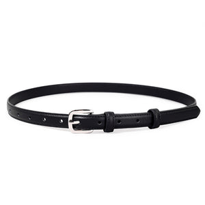 Black skinny cowhide leather belt with silver buckle and multiple holes.