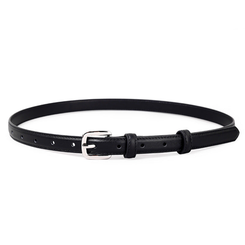 Black skinny cowhide leather belt with silver buckle and multiple holes.
