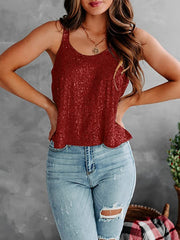 Burgundy sequin tank top with flounce hem and scoop neckline.
