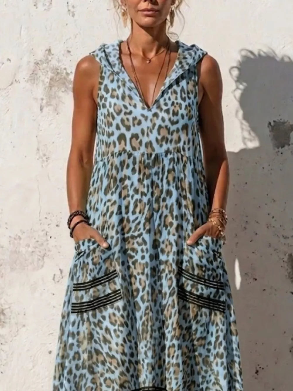 Sleeveless Hooded Leopard Print Maxi Dress in Blue, side view