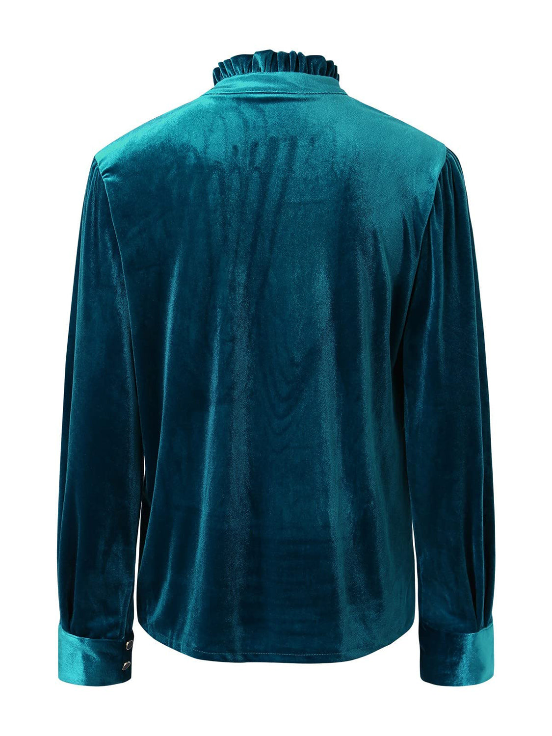 Teal velvet blouse with ruffled mandarin collar and buttoned cuffs