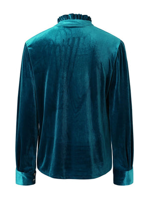 Teal velvet blouse with ruffled mandarin collar and buttoned cuffs