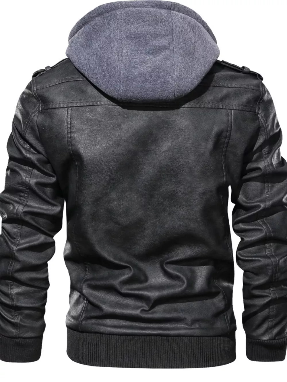 Men's black faux leather moto jacket with gray hoodie and ribbed cuffs.