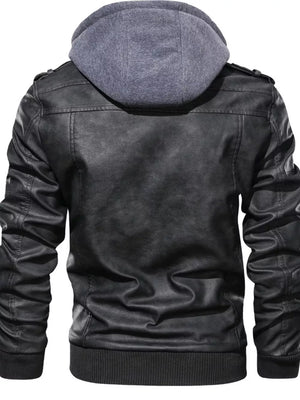 Men's black faux leather moto jacket with gray hoodie and ribbed cuffs.