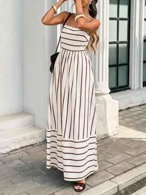 Cutout Back Striped Maxi Dress in White, view 11