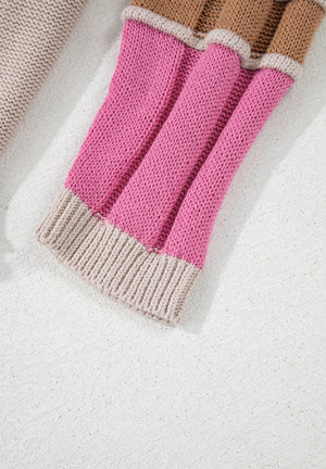 Panel sleeve knit sweater in beige with pink and brown block details.