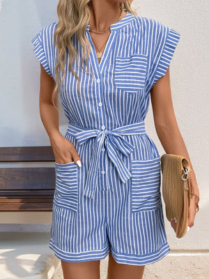 Light blue striped utility romper with tie belt, button front, cap sleeves, and patch pockets.