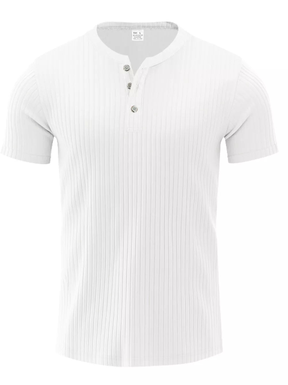 White ribbed henley t-shirt for men with short sleeves and button detail.