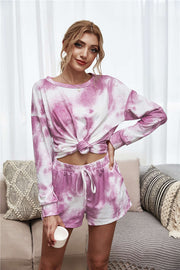 Red-violet tie-dye lounge set with knot-front top and drawstring shorts