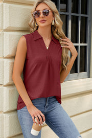 Burgundy eyelet polo tank with pleated bib and v-neck