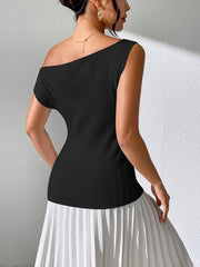Black asymmetric ribbed knit sweater top with one shoulder detail.