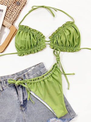 Yellow-Green ruffle tie bikini set with ruched cups and adjustable ties.
