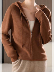 Ribbed knit zip-through hoodie in caramel with drawstring hood and full zip closure.