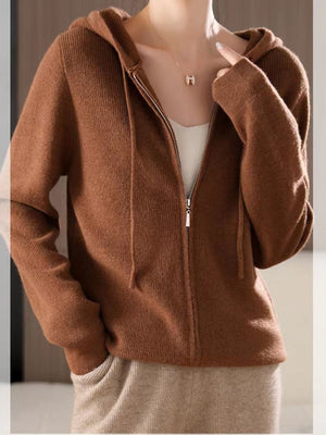 Ribbed knit zip-through hoodie in caramel with drawstring hood and full zip closure.