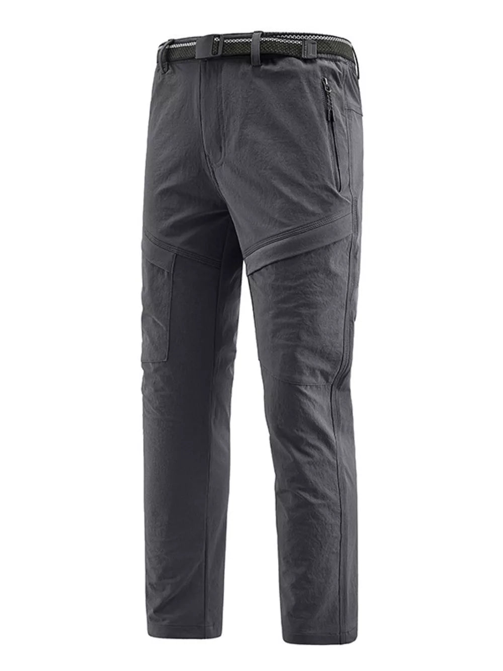 Men's grey quick-dry sweatpants with zip pockets and a belt.