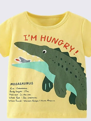 Yellow cotton t-shirt with Mosasaurus graphic and text "I'M HUNGRY!