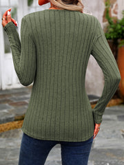 Moss green ribbed knit top with round neck and button detail