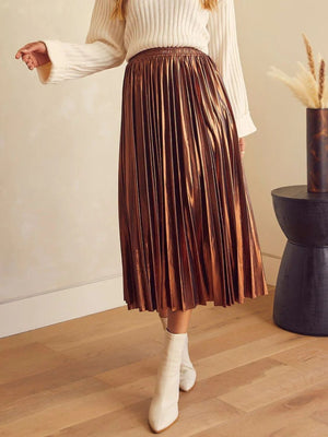 Metallic bronze accordion pleat midi skirt with a shimmering finish.
