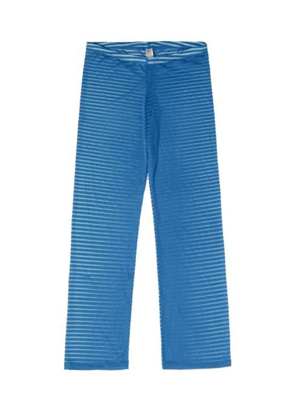 Blue sheer flare trousers with horizontal stripes and a comfortable elastic waistband.