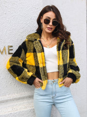 Textured plaid teddy crop jacket in gold and black with button front.