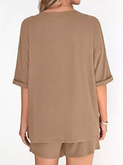 Solid Color V-neck And Shorts Set in Army Green, side view