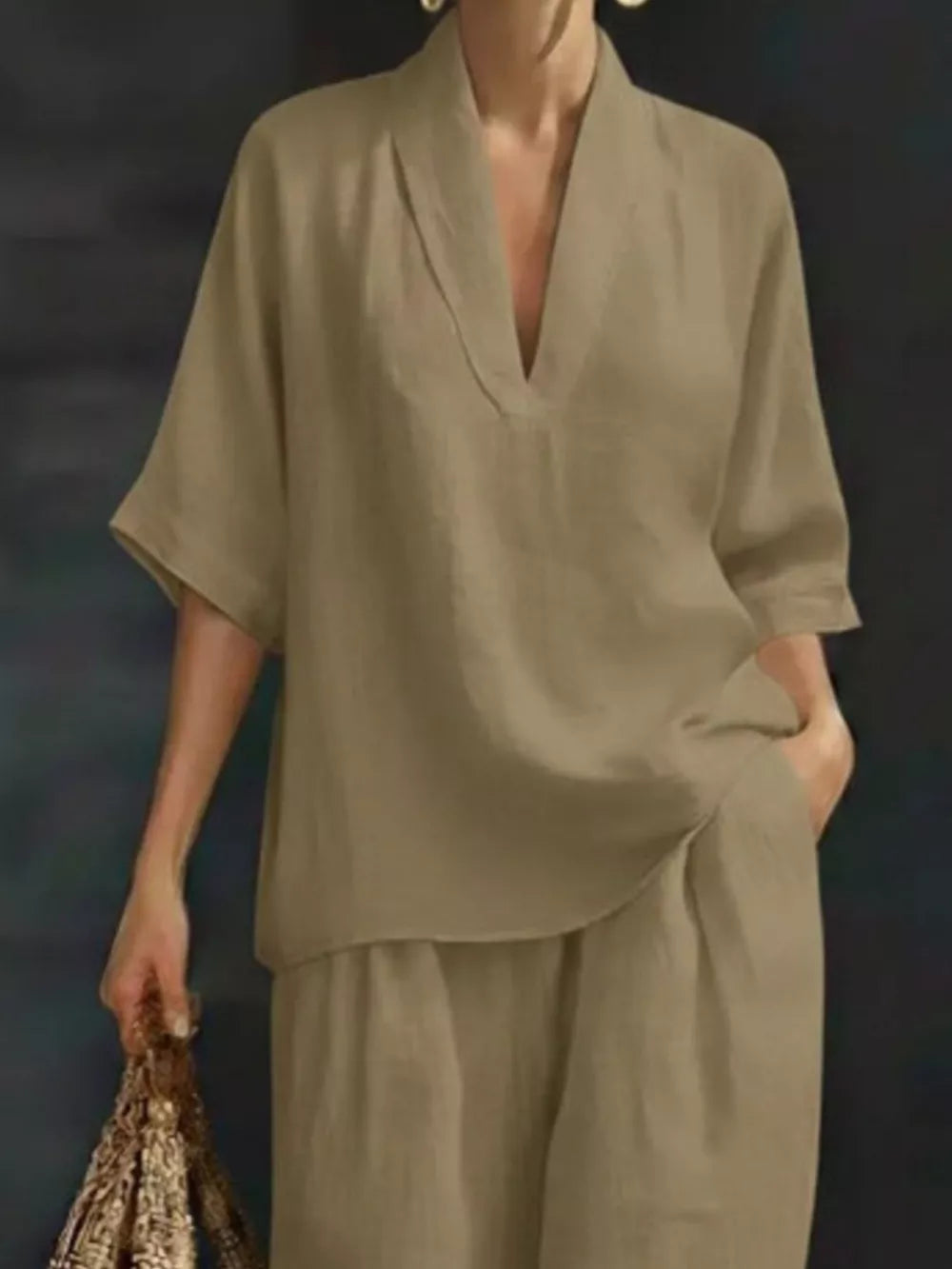 Khaki half-sleeve top with V-neck and wide-leg pants set.