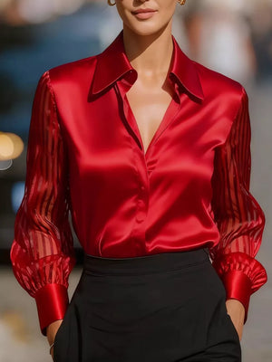 Elegant Shirt With Sheer Striped Sleeves in Scarlet, close-up detail