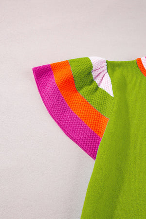 Flutter sleeve knit top with colorblock trim in pink, orange, and lime green.